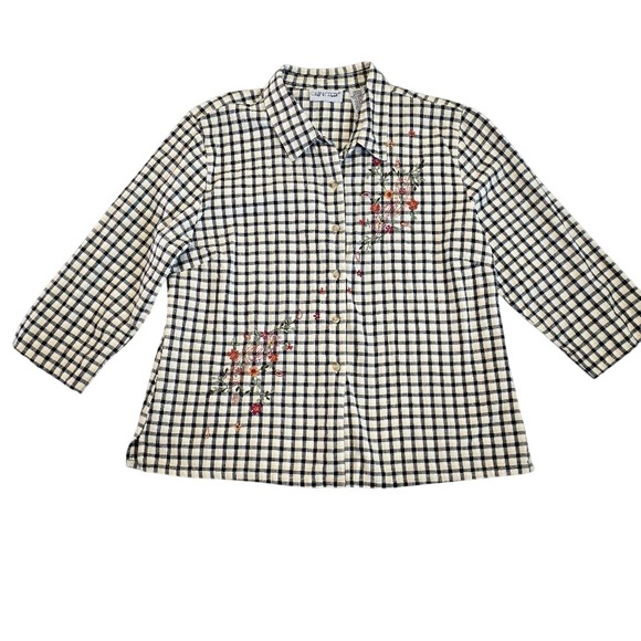 Cabin Creek Womens Floral Embroidered Cottage Button Up Plaid Shirt XLP Country - Picture 1 of 12